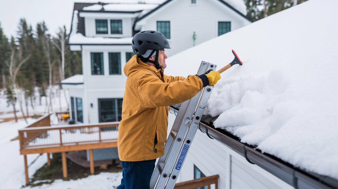 Homeowner checking roof for snow buildup